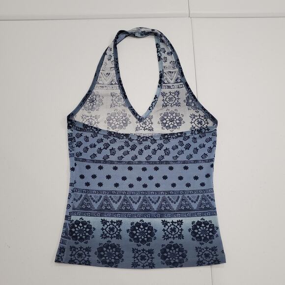 90s Y2K Halter Top Womens Small Blue Boho Floral Geometric Stretch Liquid Knit - Picture 2 of 6